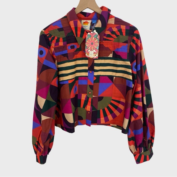 FARM Rio Tops - Farm Rio x Anthropologie NEW Colorful Patchwork Cropped Button Down Shirt Large